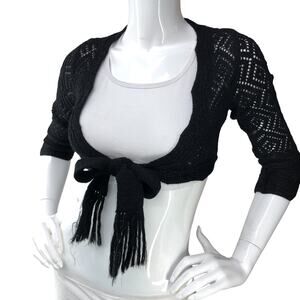 Diane Von Furstenberg DVF Womens Size P US XS Shrug Top Black Wool Open Knit Tie